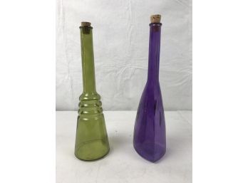 Two Artsy Long Bottles With Cork Tops, Dark Purple And Olive Green