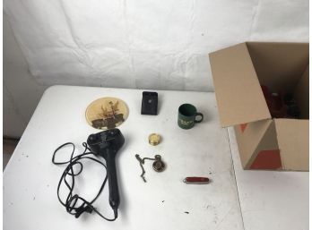 Box Containing Trinkets Like Swiss Army Knife And Electric Back Massager And Various Sunglasses