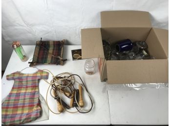 Box Containing Vintage Jump Ropes, Jars, And Glass Mugs