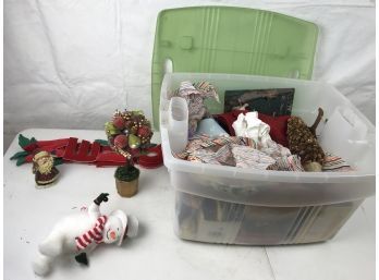 Storage Tote Containing Various Christmas Decorations Including Porcelain Santa Claus, Christmas Book, Welcome