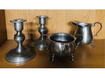 Early American Pewter By Web Sugar Creamer Set & Woodbury Pewter Candlestick Holders