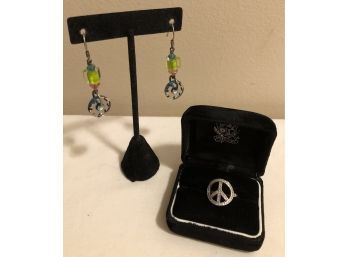 Sterling Silver Artisan Glass Earrings & Peace Ring