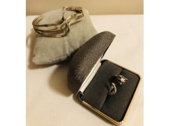 Sterling Silver Cuff Bracelet & Cat Ring (18.3 Grams)