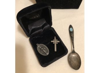 Sterling Silver Religious Spoon & Medals (13.4 Grams)