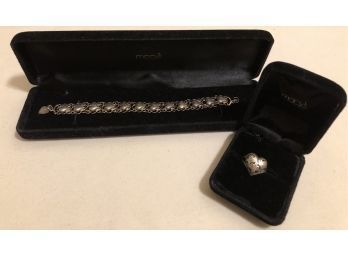 Sterling Silver Heart Bracelet & Ring (12.6 Grams)
