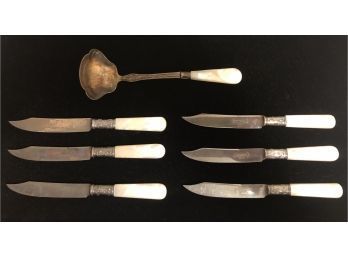 Sterling Silver Mother Of Pearl Knives & Ladle