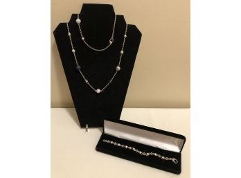 Sterling Silver Pave Crystal Necklace & Bracelet (70.3 Grams)
