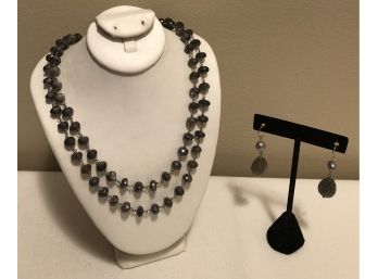 Sterling Silver Cloudy Quartz Necklace & Earrings (40.9 Grams)