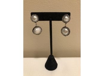 Sterling Silver Pave Crystal Pearl Earrings (9.6 Grams)