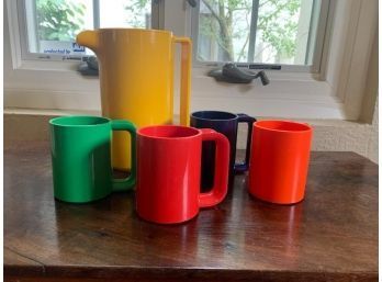 Multi Colored Plastic Pitcher & Cups