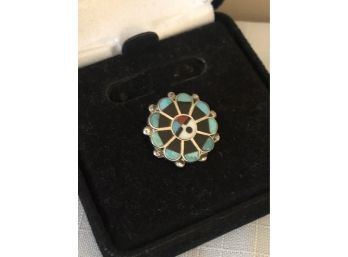 Vintage Signed Navajo Sterling Silver Turquoise & Stone Inlay Brooch (2.8 Grams)