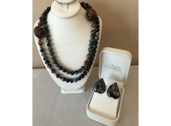 Vintage Snowflake Obsidian Necklace & Earrings