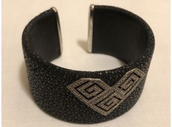 Sterling Silver Marcasite Textured Leather Cuff Bracelet