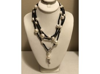 Judith Ripka Sterling Silver Pearl Crystal Lariat Necklace