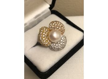 Sterling Silver Tri-Color Pave Crystal Pearl Ring (10.7 Grams)