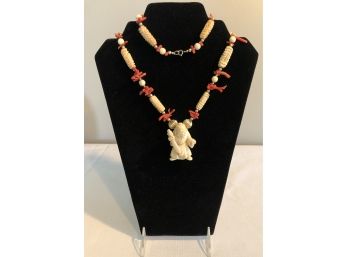 Asian Carved Bone & Coral Necklace (Signed)