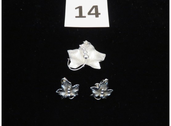 Vintage Carl-Art Sterling Silver Leaf Design Earrings & Brooch Or Pendant Set, #14