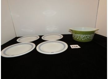 Pyrex Green Bowl (scratches On Bowl) & Bradford House Plates, #158
