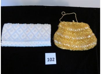 2 Vintage Beaded Evening Bags, Hong Kong, Gold One Needs Couple Of Repairs To Beading, #102