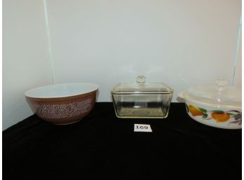 Pyrex Bowl, GlasBake Covered Loaf Pan, Fire King Casserole, Chips On Inside Edges Of Lids, #169