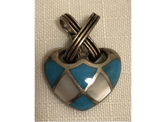 Sterling Silver Turquoise Mother Of Pearl Heart Pendant (7.9 Grams)