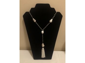 India Sterling Silver UTC Signed Pearl & Crystal Tassel Necklace (41.9 Grams)