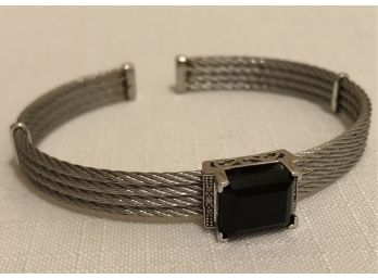 Sterling Silver & Flex Steel RCI CH Signed Onyx & Diamond Cuff Bracelet