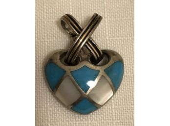 Sterling Silver Turquoise Mother Of Pearl Heart Pendant (7.9 Grams)