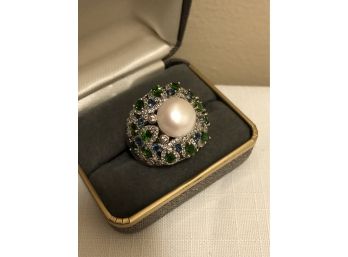 Sterling Silver BBJ Signed Multicolor Gemstone Pearl Ring (16.9 Grams)