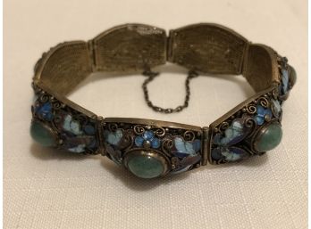 Vintage Silver European Enamel Jadeite Bracelet (37.3 Grams)