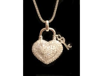 India Sterling Silver Diamond Heart Lock & Key Necklace (7.0 Grams)