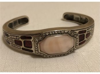 Sterling Silver CNA Signed Mother Of Pearl Hinged Cuff Bracelet (37.5 Grams)