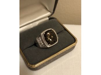 Sterling Silver Z925 Signed Smoky Jadeite & Quartz Ring (10.8 Grams)