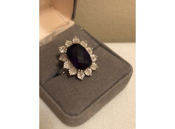 Sterling Silver 925Y Signed Amethyst & Diamond Ring (6.7 Grams)