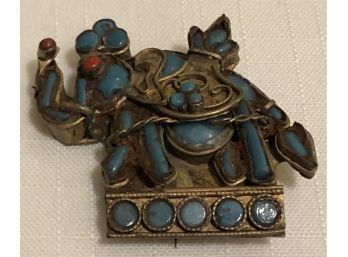 Vintage 1930s Tibetan Brass Coral Turquoise Elephant Brooch