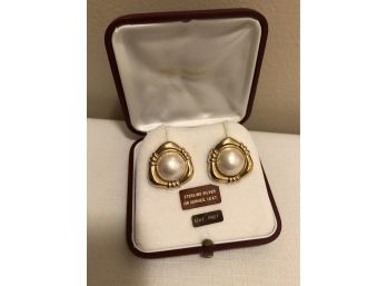 NEW! Sterling Silver 14K Gold Posts Majorica Signed Faux Pearl Earrings & Box (15.9 Grams)