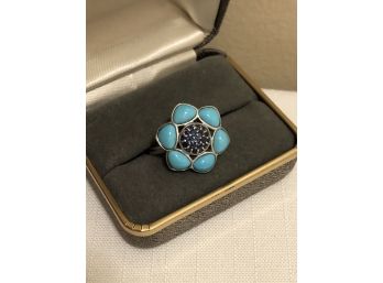 Sterling Silver Sapphire & Turquoise Ring (6.7 Grams)