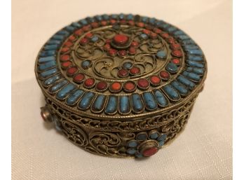 Vintage 1930s Tibetan Brass Coral Turquoise Jeweled Box