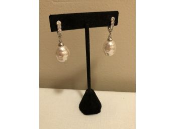Sterling Silver 925B Signed CZ Pearl Drop Earrings (14.9 Grams)