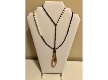 Faceted Hematite Pearl Necklace & Clip Crystal Prism Pendant