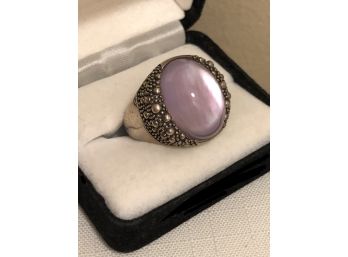 Sterling Silver Designer Michael Dawkins Mother Of Pearl Lavender Cabachon Ring (17.1 Grams)