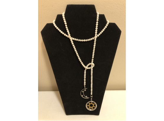 Sun & Moon Stainless Steel Natural Pearl Lariat