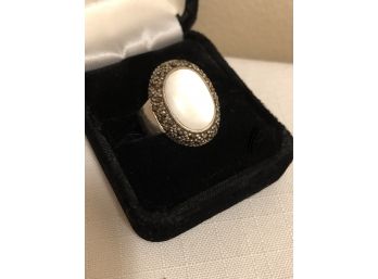 Sterling Silver Marcasite Genuine Mother Of Pearl Ring (8.5 Grams)