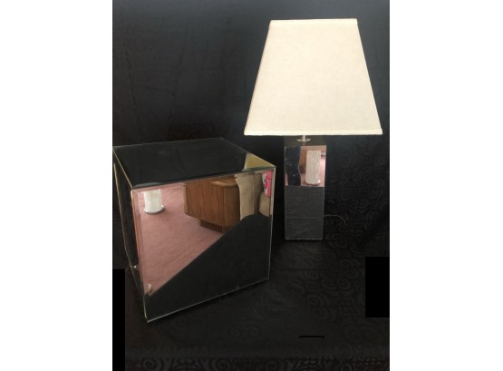 Mid-Century Mirrored Table Lamp & Cube End Table