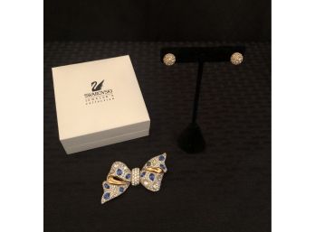 Swarovski Crystal Bow Brooch & Stud Earrings