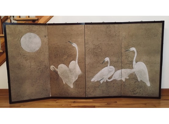 Vintage Long Japanese Folding Screen - White Cranes And Moon