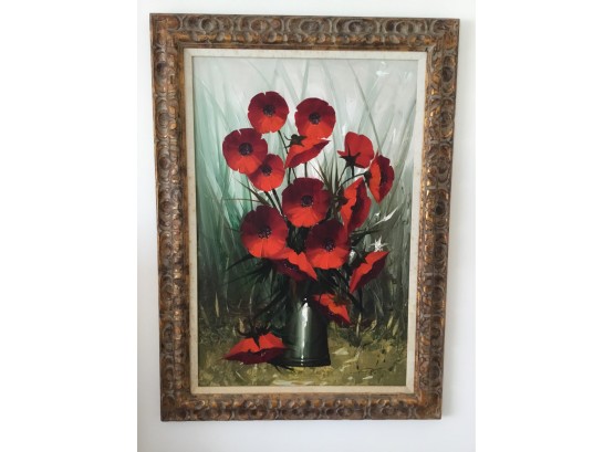 Beautiful Mid Century Large Wood Framed Painting- Red Poppies