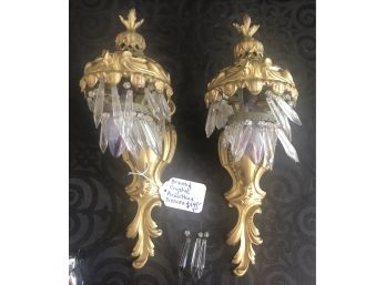 Antique Brass & Crystal Acanthus Leaf Wall Sconces