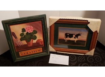 Two Small Framed Pictures - Geranium/Cow