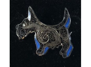 Antique Sterling Filigree Enamel Scotty Dog Brooch (2.0 Grams)